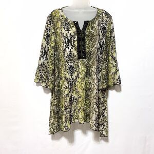 Catherines Yellow Black 3/4 Bell Sleeves Pleated Top Beaded Detail 0X